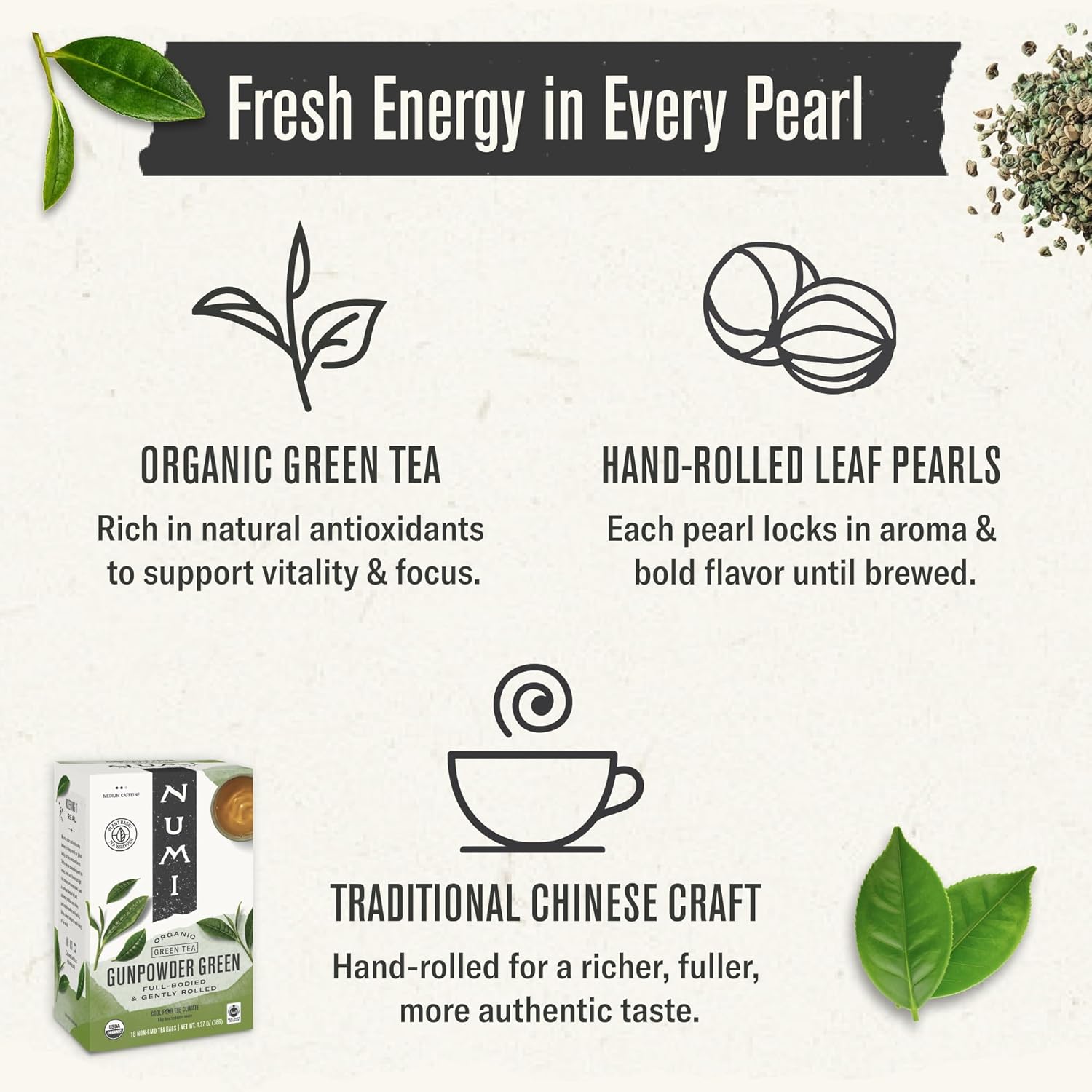 Numi Organic Gunpowder Green Tea - 18 Green Tea Bags - Microplastic Free view 3