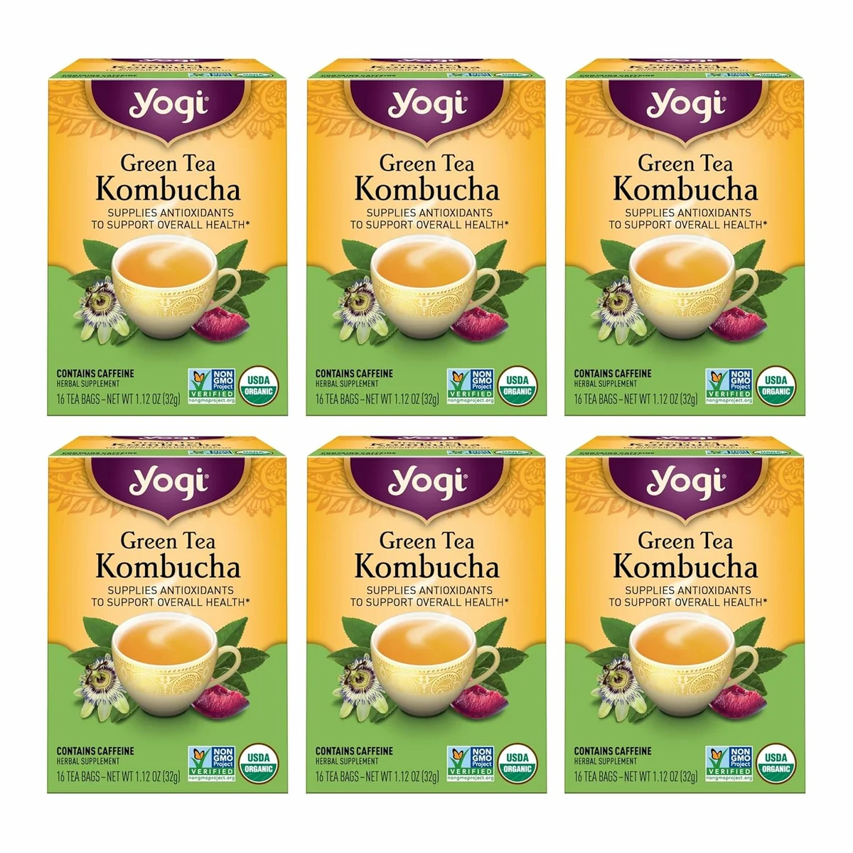 Yogi Tea - Green Tea Kombucha (6 Pack) - Supplies Antioxidants to Support Overall Health - Contains Caffeine - 96 Organic Green Tea Bags