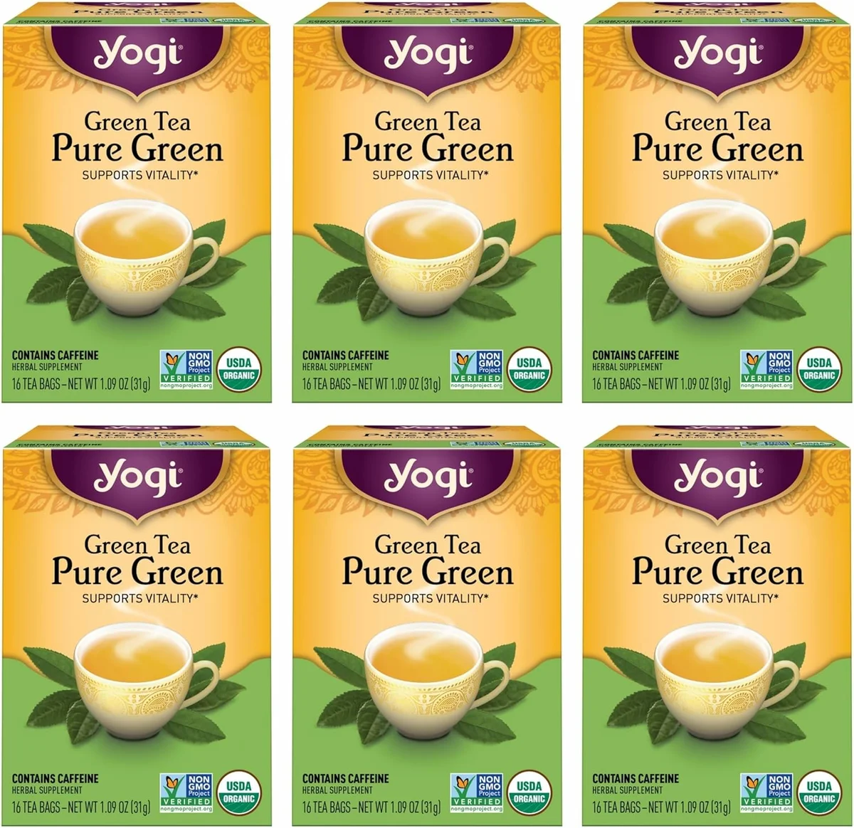 Yogi Tea Pure Green Tea - 16 Bags per Pack (6 Packs) - Organic - Supports Overall Health & Provides Antioxidants | per Pack, Organic