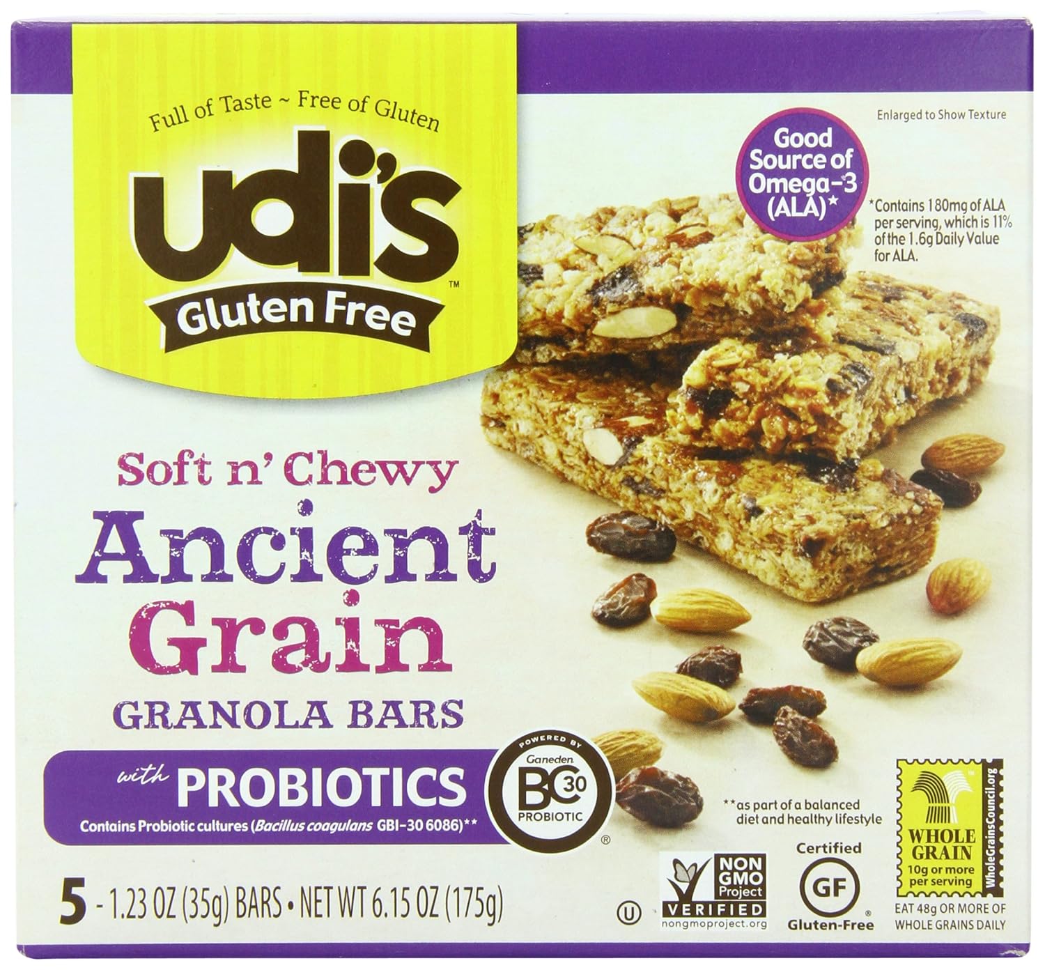 Udi's Gluten Free Probiotic Granola Bar, Ancient Grain, (1.2 oz Bars) 5 ct