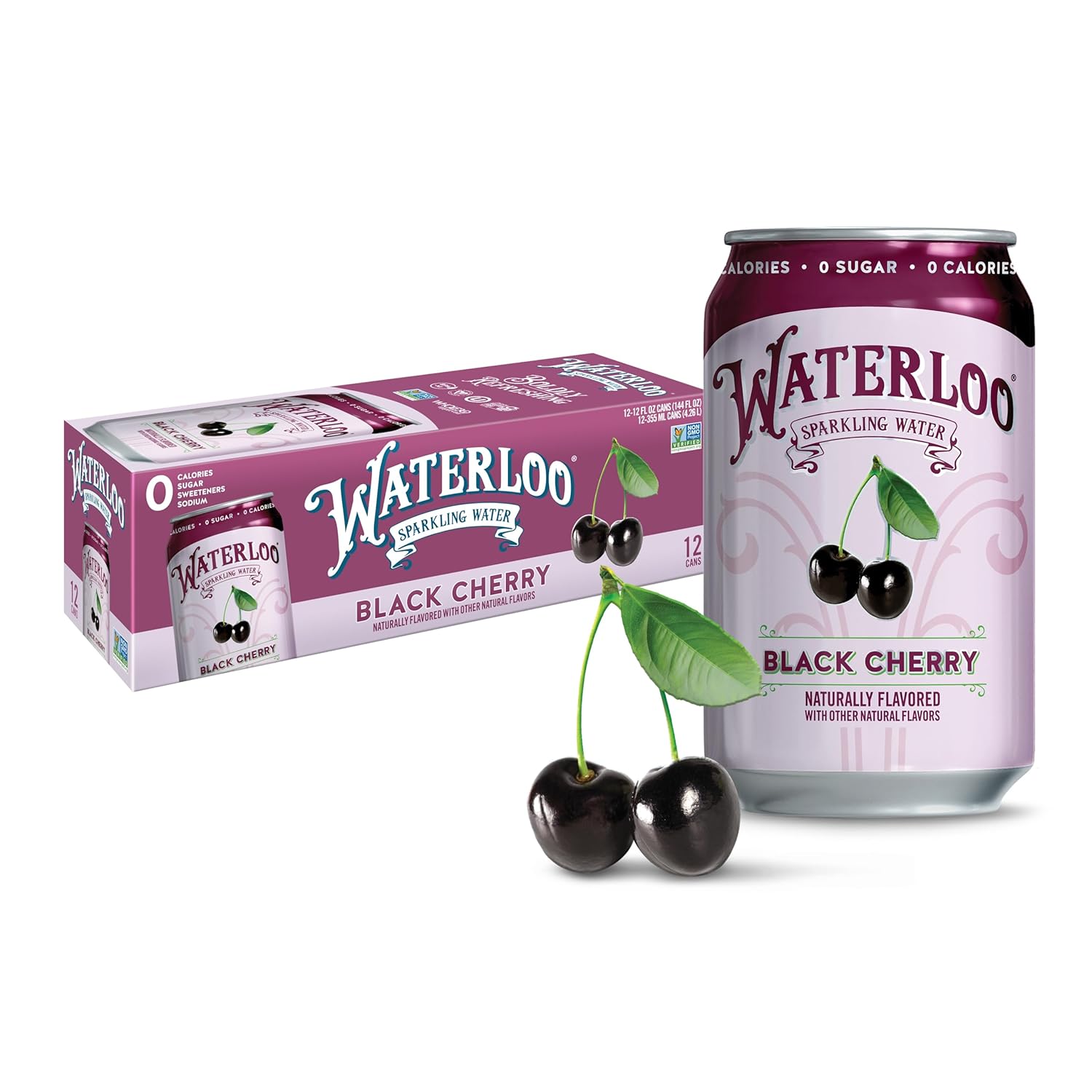 Waterloo Sparkling Water, Black Cherry Naturally Flavored, 12 Fl Oz Cans (Pack of 12) – Zero Calories and Zero Sugar or Sweeteners