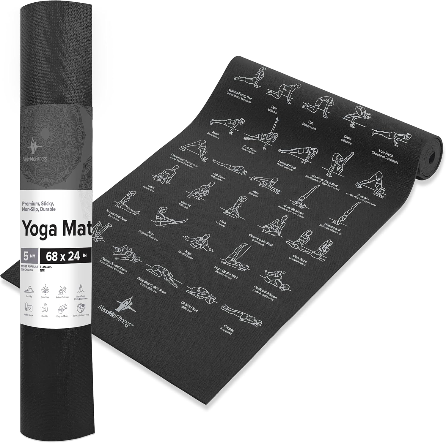 NewMe Fitness Yoga Mat with 70 Printed Poses