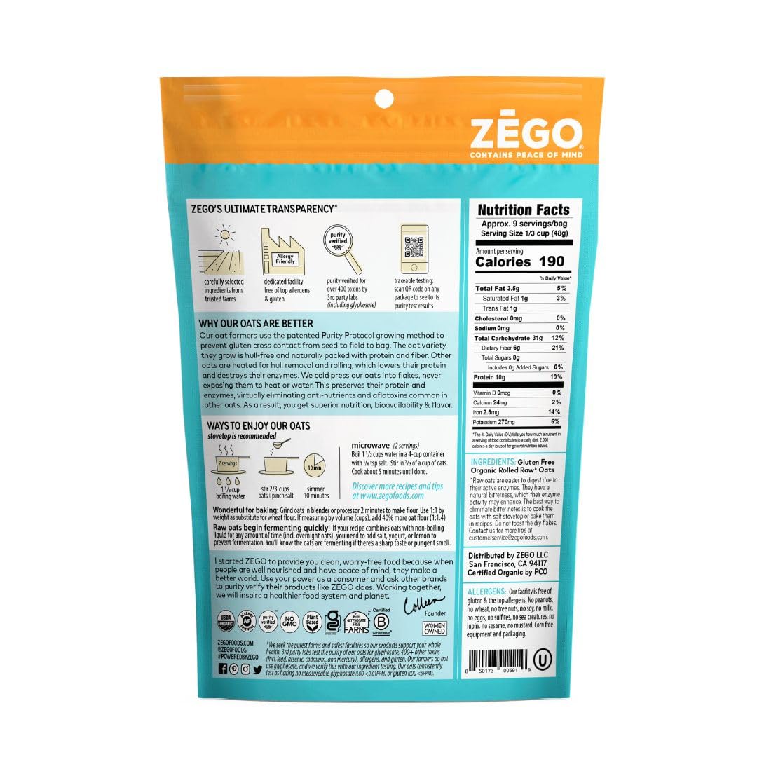ZEGO Gluten Free Organic Raw Rolled Oats - Double Protein Old Fashioned Oatmeal - COOKING REQUIRED (14 oz) view 2